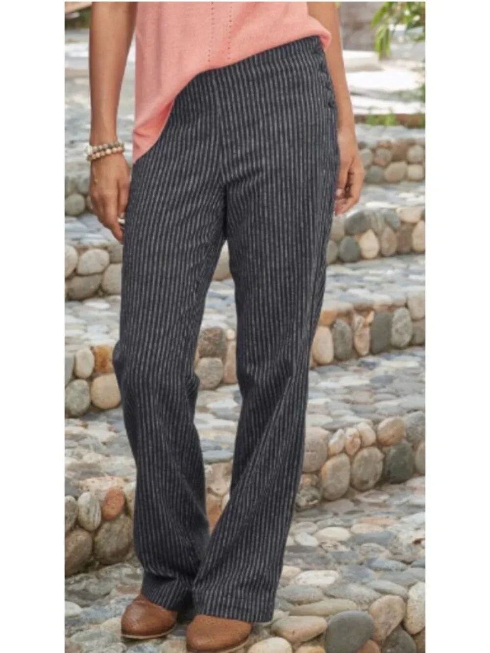 Sundance Linen Blend Wide Leg Pants Womens 6 Sierra Pinstripe Full Length